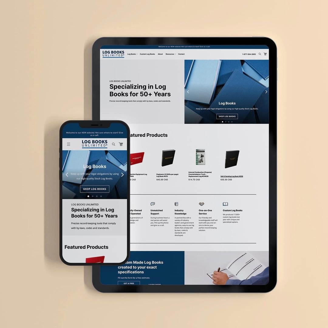 Preview of the homepage of the Log Books Shopify website. The homepage is shown on an iPad and iPhone device. 