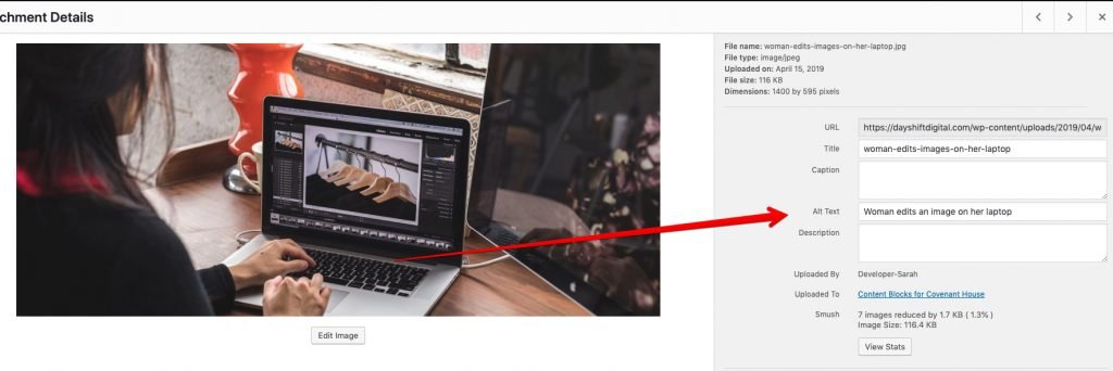 An image showing the backend of the WordPress Media upload area with an image selected. A red arrow is pointing to the alternative text field.