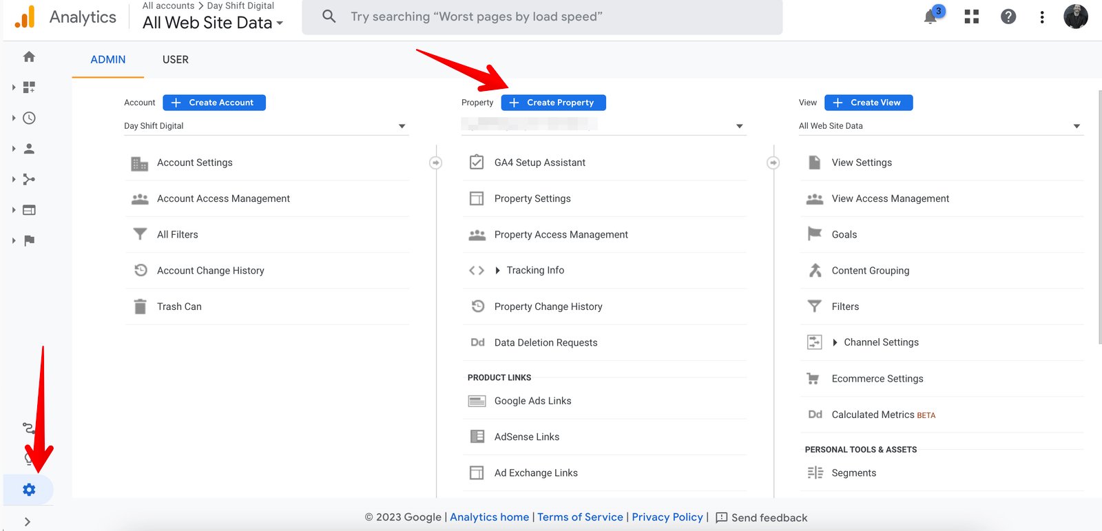 Google analytics dashboard view of creating a new property