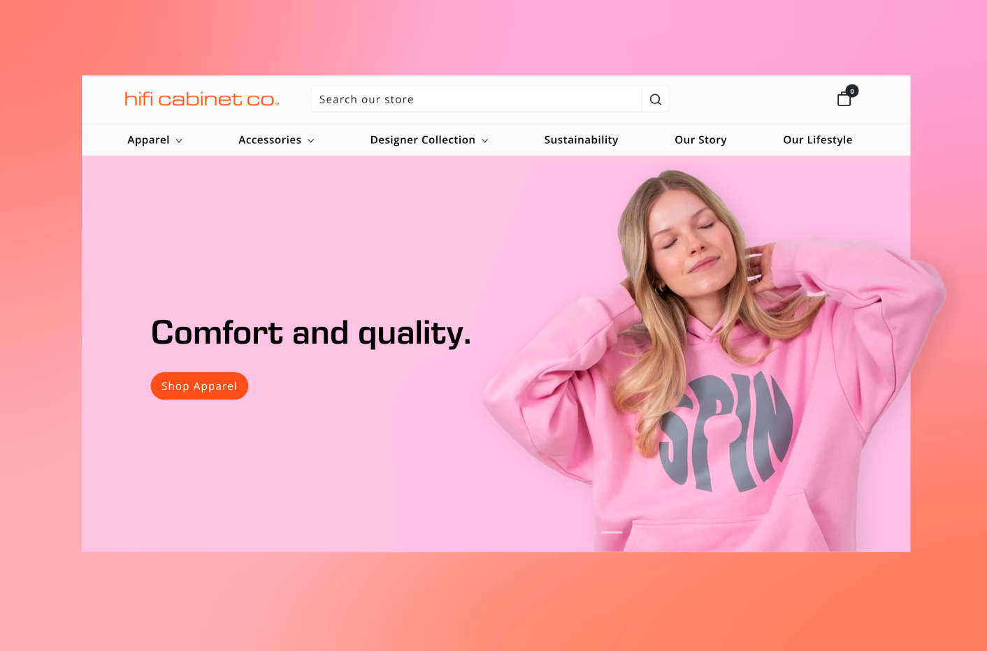 Desktop view of the Hifi Cabinet Company homepage showing the main navigation and a banner image of their clothing